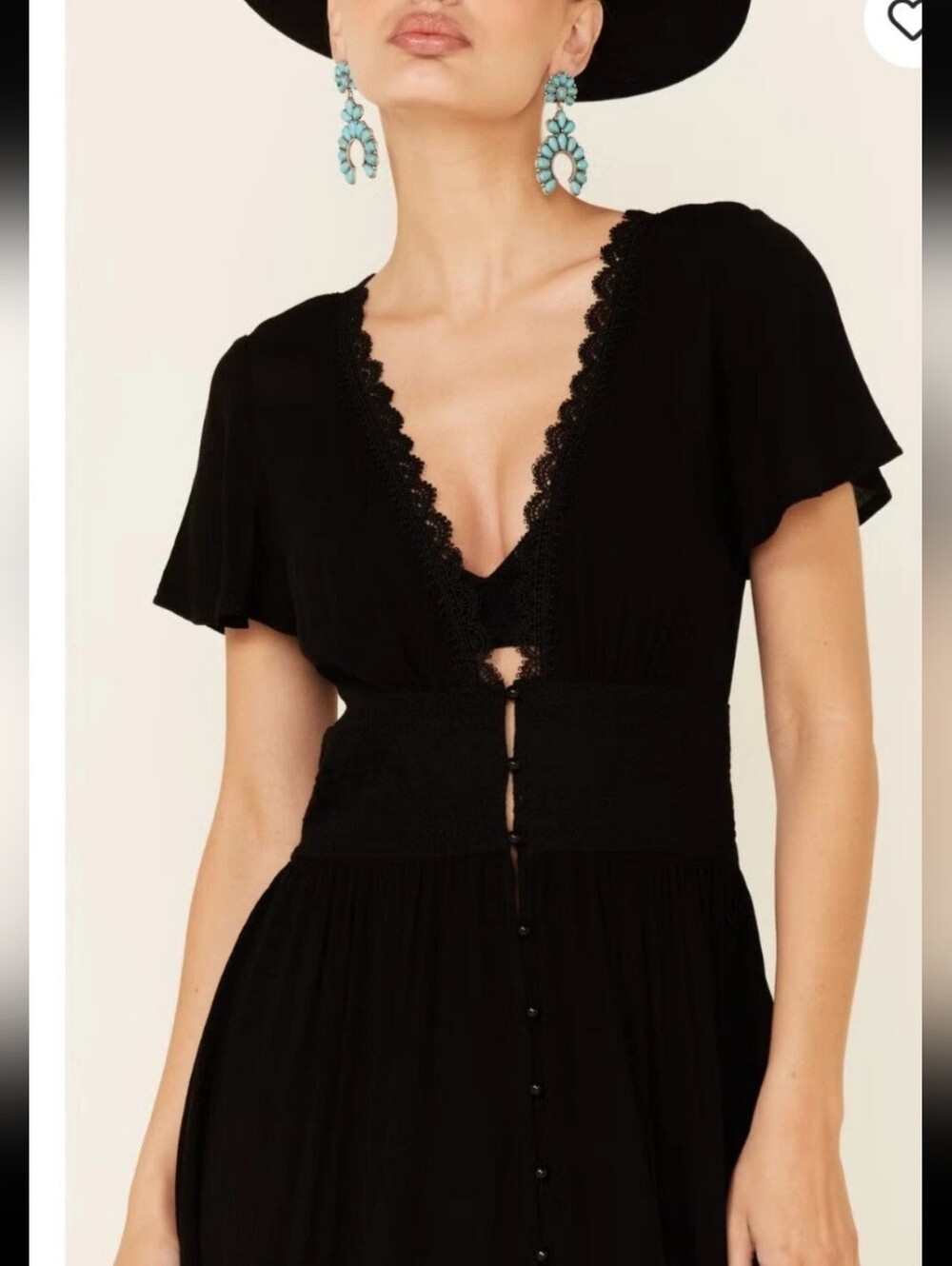 Black Lace-Trim Midi Dress with Smocked Waist